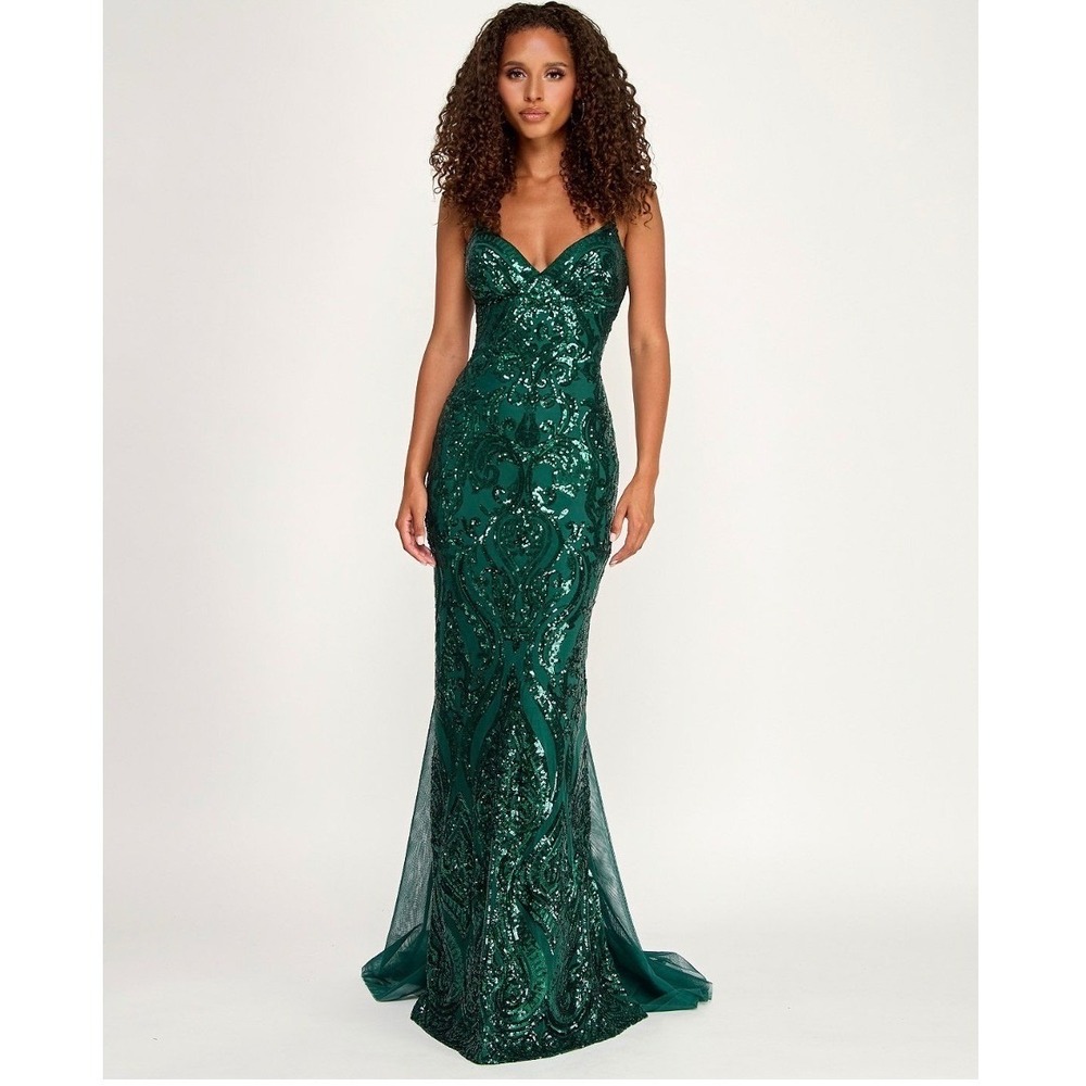 B Darlin New Hunter Green Sequin Lace-Up Maxi Open Back Gown Formal Size 1/2
